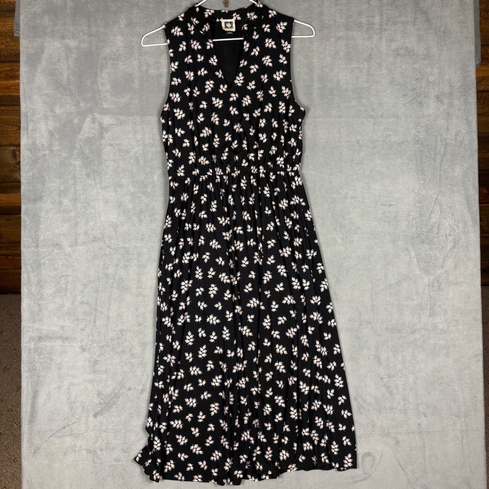 Anne Klein Womens Sleeveless V-Neck Midi Dress Black Pink Print Pockets Size 4